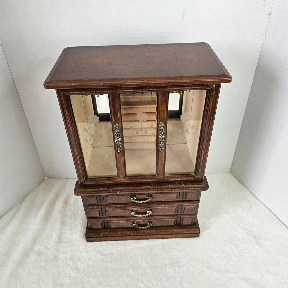 Vintage Wooden Curio Cabinet Jewelry Box With Glass Door 18x12x6.5